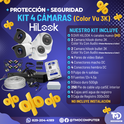 Kit 4 Cámaras HiLook Color Vu 3K con Audio