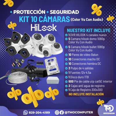 Kit de Camara Hilook / Hikvision 10 Canales Full Color + Audio