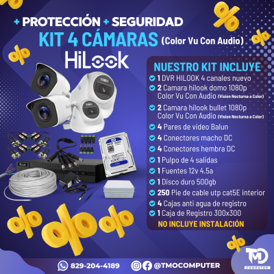 Kit de Camara Hilook / Hikvision 4 Canales Full Color + Audio