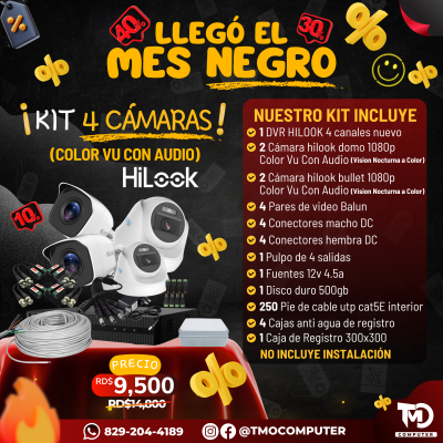 Kit 4 Cámaras HiLook Color Vu con Audio – 1080p Full Color – DVR 4 Canales