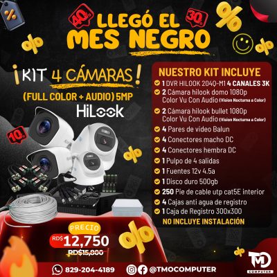 KIT 4 Cámaras FULL COLOR + Audio 5MP