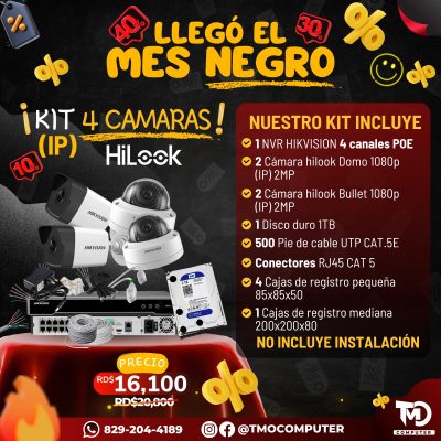 Kit 4 Cámaras IP HiLook/Hikvision – 2MP – NVR 4 Canales POE – Full HD