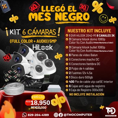 Kit 6 Cámaras HiLook Full Color + Audio – 5MP – DVR 8 Canales 3K
