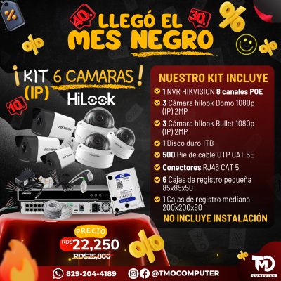 Kit 6 Cámaras IP HiLook/Hikvision – 2MP – NVR 8 Canales POE – Full HD