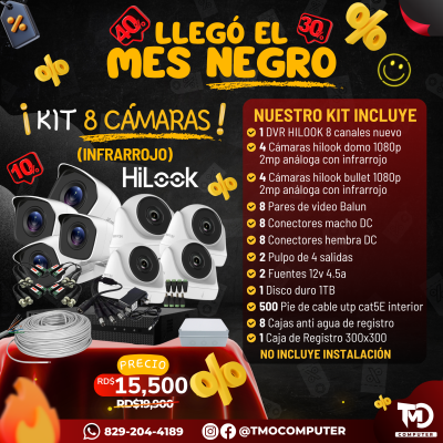 Kit 8 Cámaras HiLook Infrarrojas – 2MP – DVR 8 Canales – Visión Nocturna IR